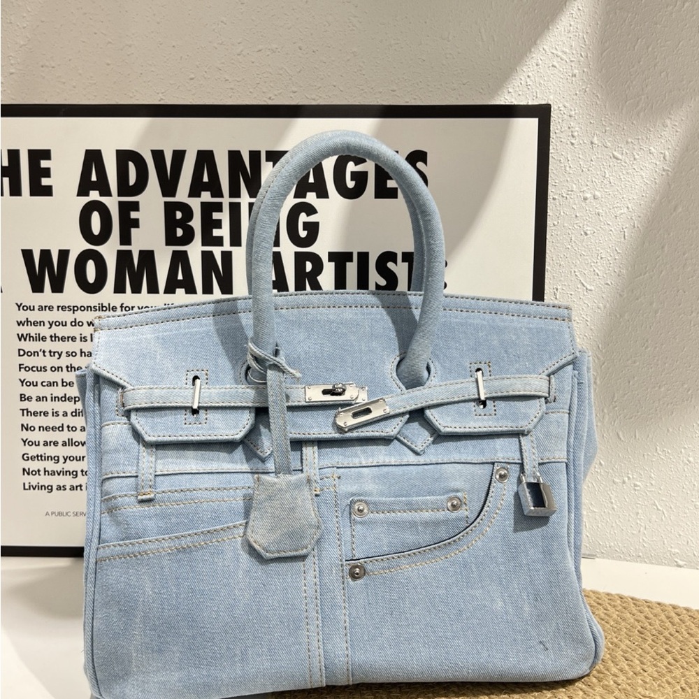 Light Blue Denim Tote Bag with Top Handles